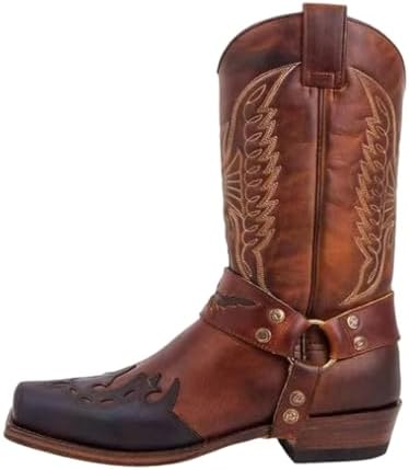 2025 Men's Boots Mid Sole Square Toe Western Embroidered Leather ...