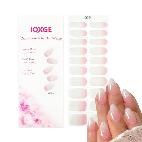 IQXGE Semi Cured Gel Nail Strips UV Light Needed 20PCS Ombre Jelly Pink Gel Nail Stickers Glitter Nails Wraps Self Adhesive Nails Polish Strips Stickers Includes Wooden Cuticle Stick, File, Prep Pads