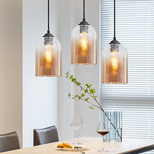 Mateyrie 3-Pcs Pendant Light Shade Pendant Lighting Fixture For Kitchen Island With Double Glass, Amber Gradient Hanging Light Fixture With Adjustable Cord For Dining Room Living Room Bedroom Hallway #TOP10