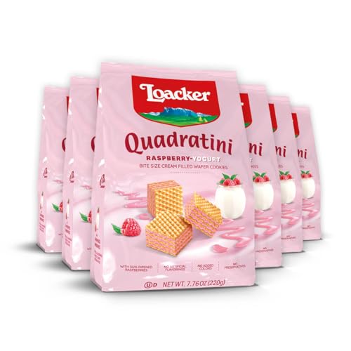Image of Loacker Quadratini Raspberry Yogurt Wafer Cookies LARGE - Premium Crispy Bite Size Wafers - 30% Less Sugar - LARGE Pack of 6