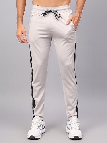 Image of Men 4 Way Lycra Bottom Contrast Striped Gym, Yoga & Sports Wear Stretchable Dri Fit Track Pant with Zipper Pockets Light Grey Medium
