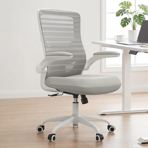 Image of Office Chair for Long Hours & Back Pain Relief - 4 inch Molded Foam Cushion, Padded Lumbar Support, and Padded Flip-up Armrests, Ideal for Office or Study, Light Gray