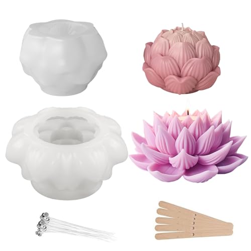 Lot de 2 moules à bougie 3D - En silicone - En forme de fleur de lotus - Moule à bougie - Moule à bougie en silicone - Pour aromathérapie, bricolage,...