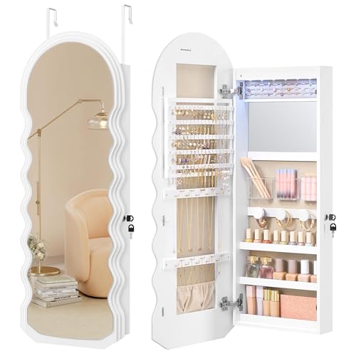 SONGMICS Mirror Jewelry Cabinet Wall Mounted Over the Door, Hanging LED Jewelry Organizer, Lockable Wavy Wide Mirror with Storage, Interior Lights, 3.9 x 16.5 x 42.5 Inches, White UJJC031W01