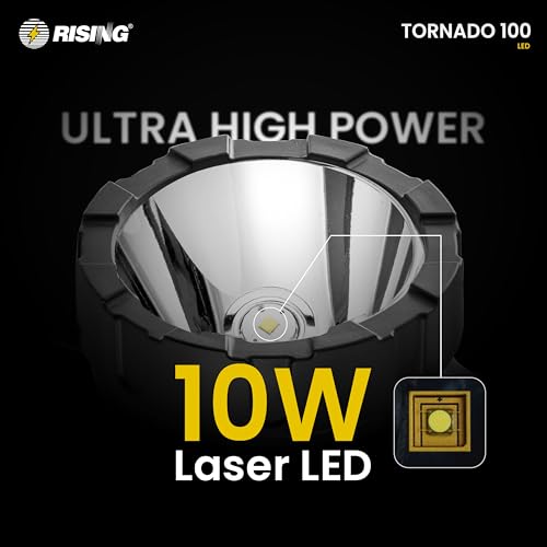 Image of RISING Tornado 100 Rechargeable LED Searchlight | 10W LED | 6000mAh Battery | 5 Lighting Modes | Emergency Side Light | USB-C Charging with Power Bank Option | Long-Range Visibility