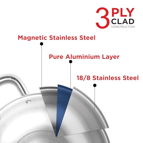 Image of PNB Kitchenmate Triply Stainless Steel kadai - 2.0 Liter | Induction Compatible triply kadai with lid | Stainless Steel cookware | Try ply cookware for Indian Cooking |Dishwasher Safe|5 Year Warranty