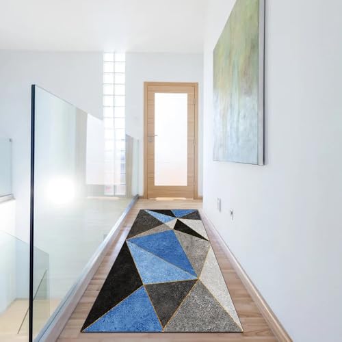 Tapis de couloir bleu 60x750 cm lavable et antidérapant style patchwork - 6