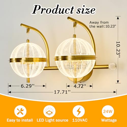 Image of UOFUS 24W Gold Bathroom Light Fixtures Modern LED Vanity Light with Globe Acrylic LampShade 2 Lights Mid Century Wall Sconces Indoor Vanity Lights Over Mirror for Bedroom Hallway Entryway