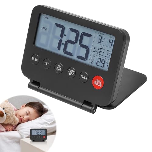 Digital Travel Alarm Clock Mini Foldable Portable Temperature Calendar Timer LCD Clock with Backlight Temperature Snooze Battery Operated 12/24H Small and Light Simple to Set for Home Travel Office