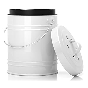 Compost Bin for Kitchen Countertop – Sturdy 3 Liter White Countertop Kitchen Compost Bin w/EZ- No Lock Lid, and Separate Plastic Liner – Includes 2 Charcoal Filters – Odor-Free Seal & Dishwasher Safe