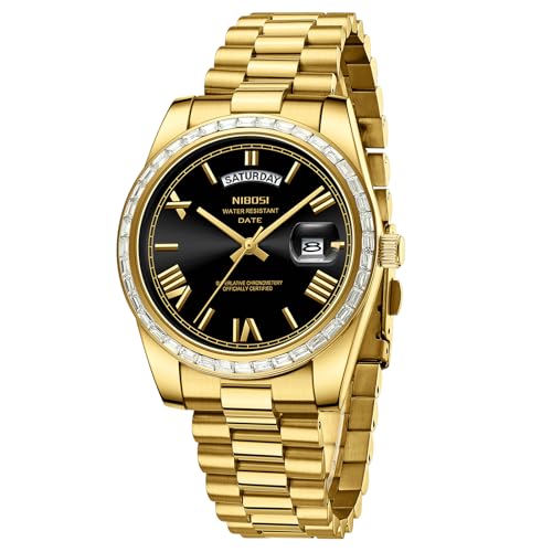 Image of NIBOSI Watches for Men Analog Quartz Diamond Bezel Stainless Steel Dial Rose Gold Silver Mens Watch Waterproof Business Classic Dress Wrist Watch with Day Date