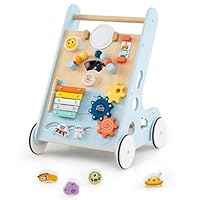 GYMAX Wooden Baby Walker, All-in-One Toddler First Step Activity Interactive Push Along Toy with Handle & Smooth Rubber Wheels, Sit-to-Stand Learning Walker for Girls & Boys (Blue)