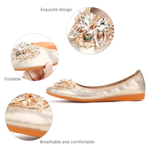 Image of KUNWFNIX Women Ballet Flats Rhinestone Wedding Ballerina Shoes Foldable Sparkly Comfort Slip on Flat Shoes