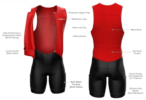 WIXEN Men’s Classic Triathlon Suit, Padded Racesuit Quick-Dry Sleeveless Tri Suit Swim Bike Run, Breathable Aero Skinsuit Black/Red