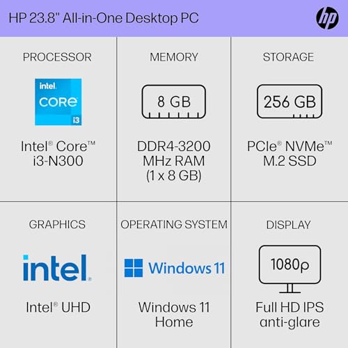 Image of HP 24-cr0026 23.8-inch All-in-One Desktop Computer, Intel Core i3-N300, 8GB Memory, 256GB SSD (9W2H5AA#ABA)