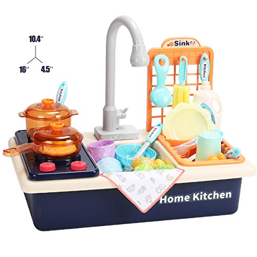 Play Kitchen Sink Toys with Automatic Faucets, Kids Kitchen Set Dishwasher with Cooking Stove, Tableware and Accessories Pretend Role Play Toys for Toddlers Boys Girls Aged 2 3 4 5 6(Blue) - Thumbnail 6