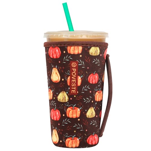 Image of Reusable Neoprene Insulator Sleeve for Iced Coffee & Cold Soda, Coffee Sleeves for Iced & Hot Drinks, Cold Beverage Cooler Compatible with Starbucks, Dunkin (Harvest Pumpkin, Large: 32oz)
