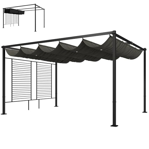 Outsunny Pergola Jardin Extérieur 3x4m avec Tonnelle à Vigne, Protection UV50+ et Toit Rétractable - Abri de Terrasse en Acier et Panneaux d'Intimité pour Plantes...