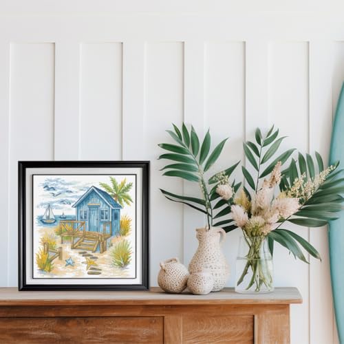 Image of FREEBLOSS 11CT Cross Stitch Kit Stamped Cross Stitch Craft Kit with Stitching Guide for Beginners Beach House Embroidery Set Crossstitch Wall Hanging Set 17.7x17.7inch