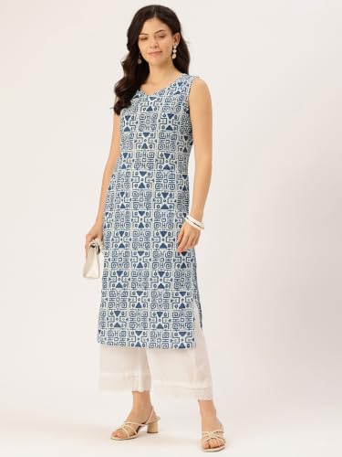 Image of feranoid Women's Pure Cotton Floral Print Straight Kurti | Elegant Curved V-Neck | Sleeveless Calf-Length Ethnic Wear | Comfortable Regular Fit | Sizes XS-XXL