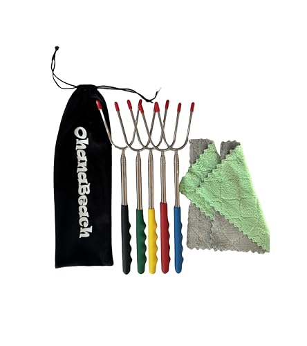 OhanaBeach® Grillspiesen, grillvork, 5-delige set, telescopisch, 30 cm - 116 cm, te gebruiken voor camping, BBQ, barbecuefeest enz., grillspiesen kampvuur, stokbrood spiesen kampvuur, uitschuifbare