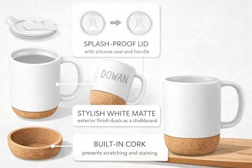 Image of Matte White Ceramic Coffee Mug with Cork Base & Spill-Proof Lid | 350 ml Office & Home Coffee Cup | Mug for Hot & Cold | Anti-Slip Wood Bottom Tea for Desk, Travel & Gifting