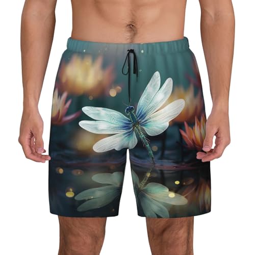 Men's Swim Trunks Quick Dry Board Shorts Dragonfly with Water Lily Beach Shorts with Pocket Bathing Suits for Men