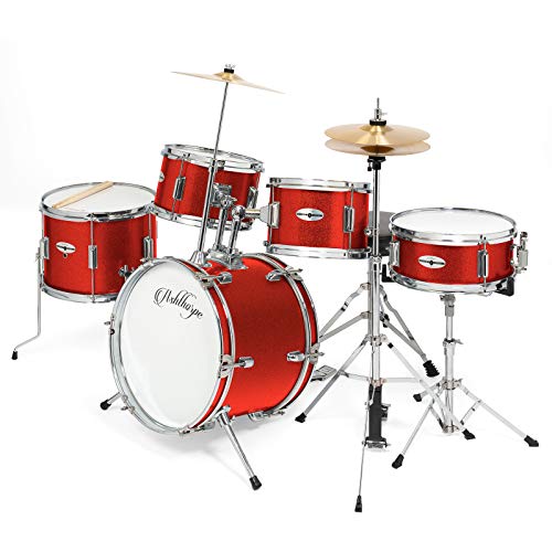 Ashthorpe 5-Piece Complete Kid's Junior Drum Set with Genuine Brass Cymbals - Children's