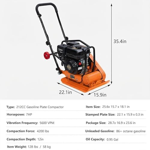 Image of GarveeTech 7HP Plate Compactor, 212CC Gas Engine Jump Jack Compactor, 4200 Lb Compacting Force, 5600 VPM Pavement 22.1x15.9 Inch Plate Compactor for Sidewalks, Asphalt, Pavers, Landscaping (Orange)