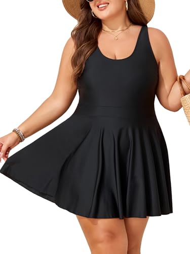 Smismivo Women Plus Size Swim Dress Tummy Control Swimsuit High Neck One Piece Bathing Suit Modest Swimwear