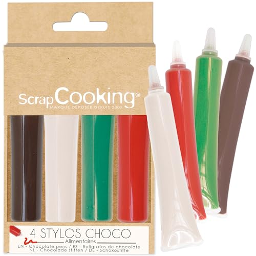 ScrapCooking - 4 Stylos Choco Noël - Marron, Blanc, Vert & Rouge - Crayons Alimentaires Pâtisserie - Colorants Décoratifs Comestibles - Écrire & Dessiner...