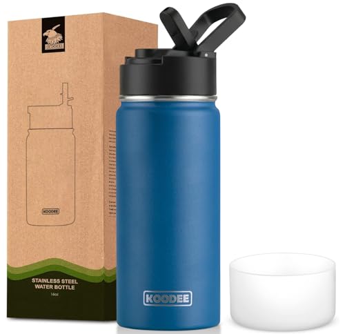Image of koodee Water Bottle with Straw 16 oz Stainless Steel Double Wall Vacuum Insulated Water Bottle BPA Free, Boys Water Bottle for School (Navy)