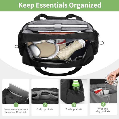 FOREGOER Weekender Travel Bag with Laptop Compartment 26L, 20×10×8 Personal Item Duffle Bag, Waterproof Nylon Carry-On Overnight Travel Bag for women men, Hospital Bag for Labor and Delivery(Black)3