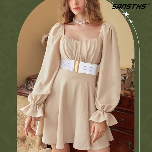SANSTHS Vintage Stretchy Belt for Women, Womens Wide Elastic Belts for Dresses Coats, Fashion Womens Belts with Gold Buckle