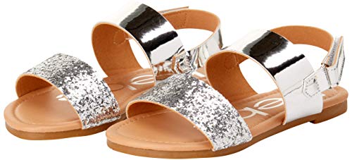 bebe Girls? Sandal ? Two Strapped Patent Leatherette Glitter Sandals (Toddler/Little Kid), Size 7 Toddler, Silver