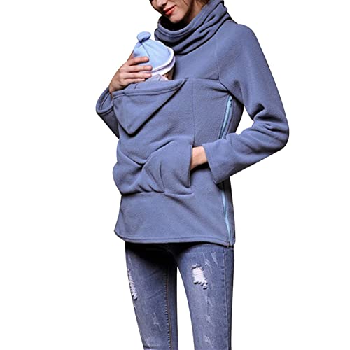 amropi Tragejacke für Mama und Baby 3 in 1 Damen Langarm Kapuze Känguru Umstandsjacke Warm Tragepullover mit Babyeinsatz Blau,L