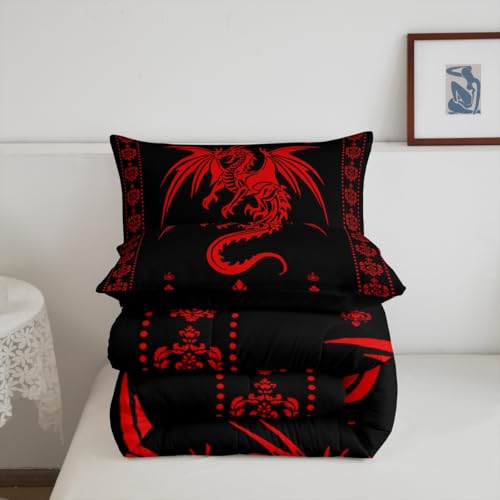 Image of Feelyou Dragon Bedding Set Kids Boys Teens Gothic Damask Paisley Floral Comforter Set King Size Women Bohemian Exotic Duvet Insert Animal Theme Room Decor,Red Black