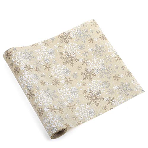 LEMESO Navidad Caminos de Mesa - 2,6m x 28cm Mantel Blanco Decorado con Copo de Nieve Dorado