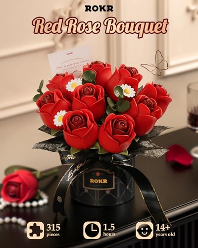 ROKR 3D Puzzles DIY Building Kit,9 Burgundy Roses Bouquet in Gift Box,Snap Together Flowers for Home Decor - image 4