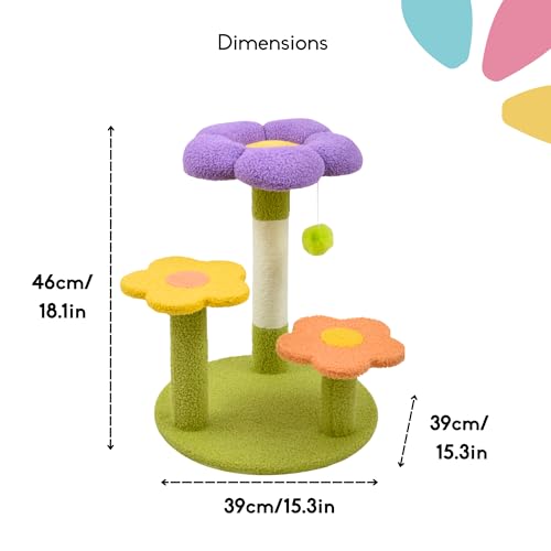 Image of Petunia Multi-Level Cat Tree for Indoor Cats & Kittens | Flower-Themed Cat Scratching Post Tower with Sisal Rope, Pom-Pom Toy & Climbing Platforms | Aesthetic Cat Furniture (Multicolor)
