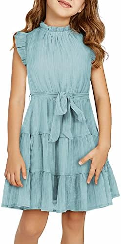 blibean Girls Short Sleeve Dress Tween Kids Summer Boho Ruffle Tiered Swing Dresses Solid Flowy Special Occasion Aline Clothes Size 8-9 Years Large Green