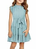blibean Girls Short Sleeve Dress Tween Kids Summer Boho Ruffle Tiered Swing Dresses Solid Flowy Spec