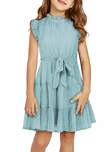 Blibean Girls Short Sleeve Dress Tween Kids Summer Boho Ruffle Tiered Swing Dresses Solid Flowy Special Occasion Aline Clothes Size 8-9 Years Large Green #TOP3