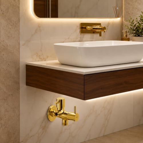 Image of ZAP Turbo Series 2-in-1 Brass Angle Valve with Wall Flange and Teflon Tape | Gold Finish Quarter Turn Dual Control Tap for Jet Spray, Geyser and Basin Tap Connection
