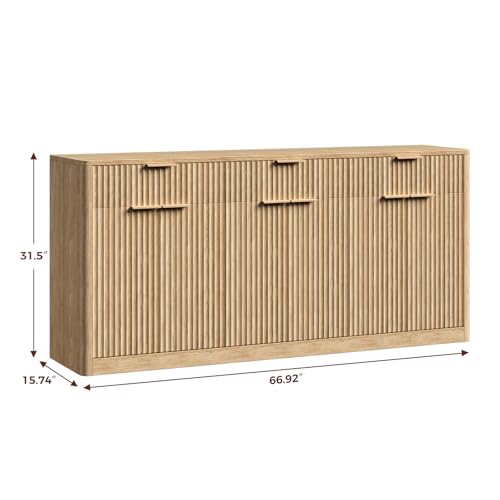 Image of Evermagin 67 inch Fluted Oak Sideboard Buffet Cabinet with 3 Drawers, Modern Credenza with Storage, Console Coffee Bar Cabinet for Kitchen, Living Room and Entryway (67 inch W x 31.5 inch H x 15.7 inch D)