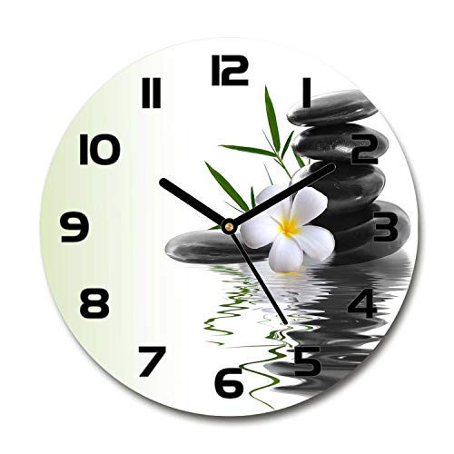 Tulup Horloge en Verre Rond 30cm - Silencieuse sur Pied Salon Design La Mur Impression Verre Sécurité - Aiguilles d'horloge Noires - Orchidée et Pierres