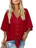Aokosor Ladies Blouses Red Tops for Womens UK V Neck 3/4 Bell Sleeve Shirts Size 20-22 Summer Button Chiffon