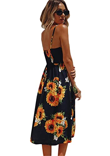 Image of YMING Womens Summer Spaghetti Strap Dresses Button Down Floral Sundress High Waist Swing Midi Dress with Pockets