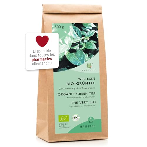 Weltecke Thé Vert Bio 300 g | Fraîchement embouteillé en Allemagne | Thé Détox végan au goût doux-amer | Thé Vert Biologique avec caféine comme stimulant naturel | Thé vert en vrac