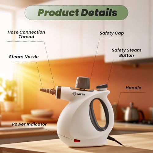 Image of Saker Pressurized Handheld Steam Cleaner,Steam Disinfection Cleaner,Portable Steam Cleaner for Home,1050W Steam Cleaner,Quick Heating & Deep Cleaning of Floors, Cars, and Kitchen with 5 Fiber Cloths